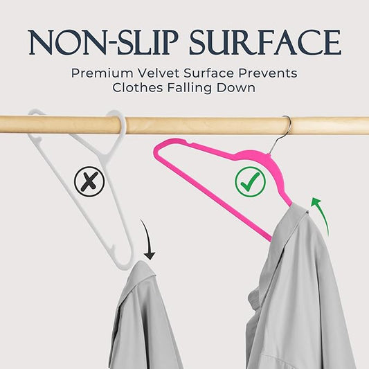 HOUSE DAY Rosy Red Velvet Hangers 60 Pack, Non Slip Clothes Felt Hanger Heavy Duty for Coat, Premium Slim Space Saving Suit Hangers for Closet Organizer, 360° Rotating Silver Hook