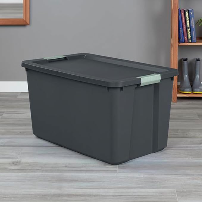 Sterilite 4 Pack 34 Gallon Latch Tote, Stackable Plastic Storage Bin Container, Gray/Green