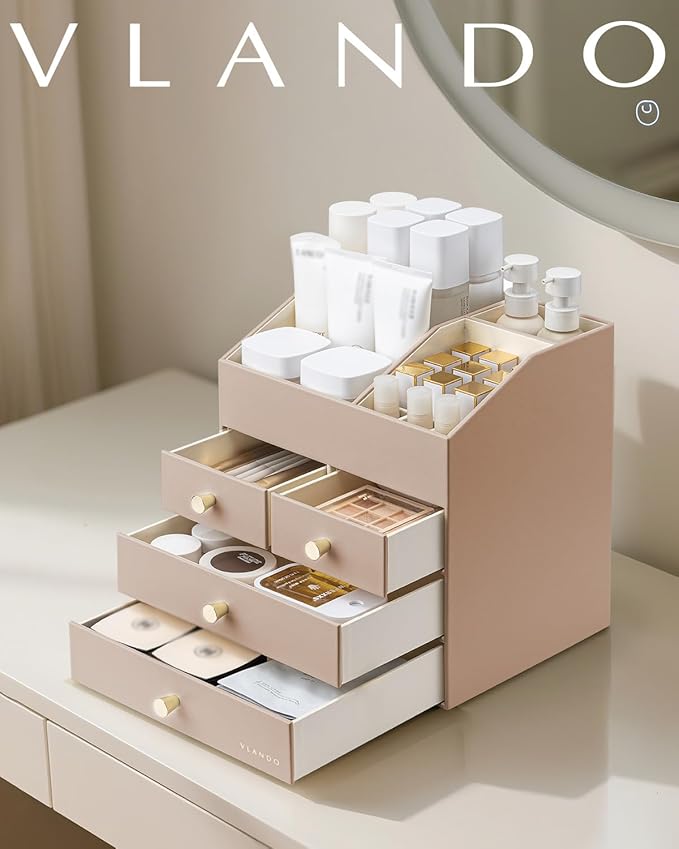 Vlando Makeup Organizer Countertop,Large Vanity Organizer PU Leather Make up Storage with 4 Drawers Skin care Organizer Cosmetic Display Case for Lipstick,Brushes,Bedroom-Toffee