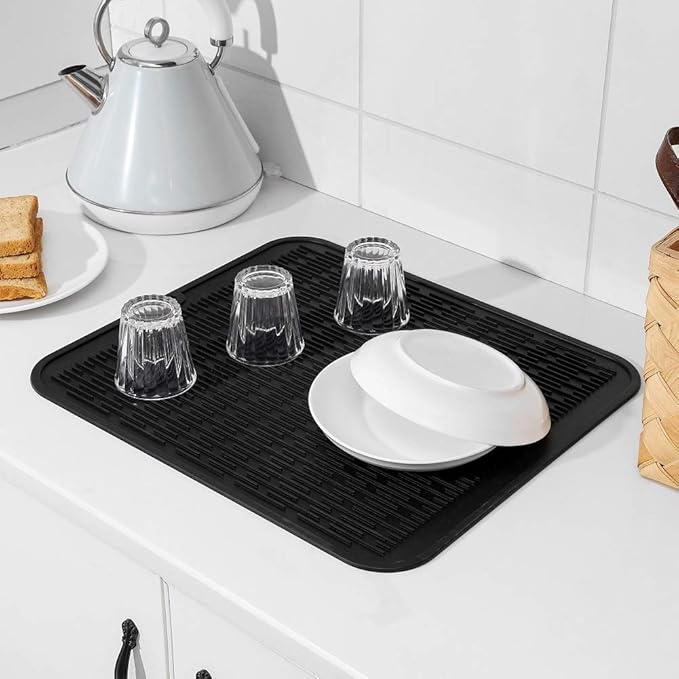 Silicone Dish Drying Mat for Multiple Usage,Easy clean,Eco-friendly,Heat-resistant Silicone Mat for Kitchen Counter or Sink,Refrigerator or Drawer Liner Black XL 18 inches x 16 inches