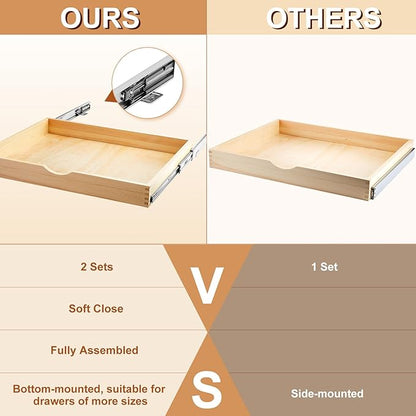 Menkxi 2 Set Pull out Tray Cabinet Organizer Wooden Pull Drawers storage Slide out Pantry Shelf for Base Cabinet Kitchen Gentle Close Fully Assembled Accessories(Wood Color,27'' X 21'' X 3")