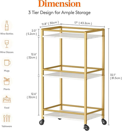 Lifewit Bar Cart for The Home, 3 Tier Rolling Wine Cart, Drink Serving Cart with Lockable Wheels, Mini Liquor Utility Cart for Dining Living Room, 43 x 30 x 81.5 cm/17x 11.8 x 32.1 inch, Gold