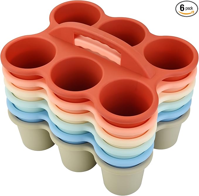 ALINK 6 Pack Classroom Caddy Storage Basket Organizer with Handle, Plastic Drink Cup Caddy Holder, 6 Compartments for Table, Office, Arts, Crafts, Crayon, Marker, Pencil, School Supplies - Macaroon