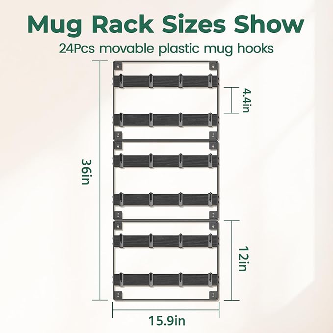 EsLuker.ly Mug Holder Hanger Rack Wall Mounted Wooden 3 Pack Coffee Cup Storage Organizer Display Shelf with 24 Removable Plastic Hooks, Ideal for Mug Collectors, Black