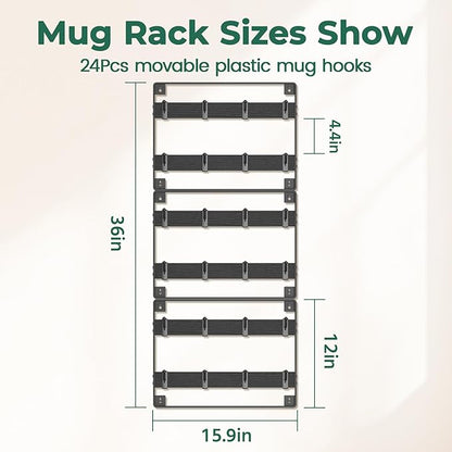 EsLuker.ly Mug Holder Hanger Rack Wall Mounted Wooden 3 Pack Coffee Cup Storage Organizer Display Shelf with 24 Removable Plastic Hooks, Ideal for Mug Collectors, Black