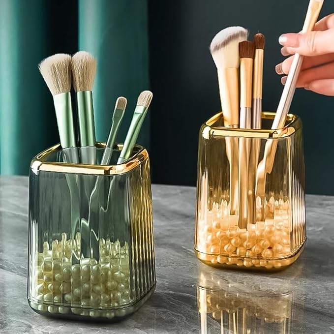 Acrylic Pen Holder, Cute Clear Gold Desk Organizer for Pencils, Makeup Brushes Toothbrushes with Striped Design for Vanity Bathroom Storage Cup