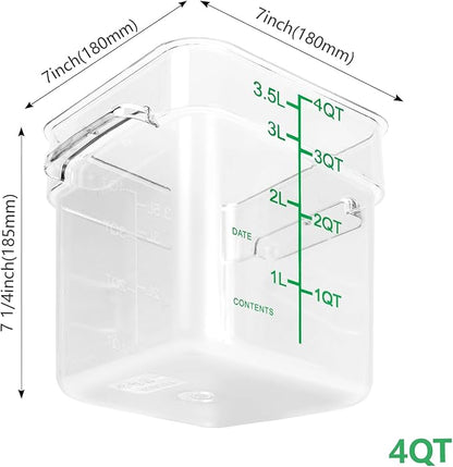 TSUBOR 4 Pack Food Storage Containers with Green Lids, 4.0 Qt - Square, Clear, Polycarbonate, for Restaurant Commercial Kitchen and Home party