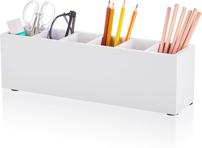 Jetec Wooden Pencil Pen Holder for Desk 6 Compartments Wood Office Desk Organizers for Countertop Adjustable Makeup Brush Organizer Silverware Caddy for Party, Home, Art Supplies(White)