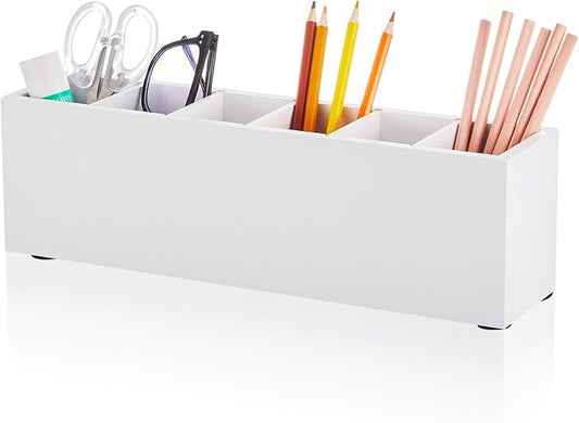 Jetec Wooden Pencil Pen Holder for Desk 6 Compartments Wood Office Desk Organizers for Countertop Adjustable Makeup Brush Organizer Silverware Caddy for Party, Home, Art Supplies(White)