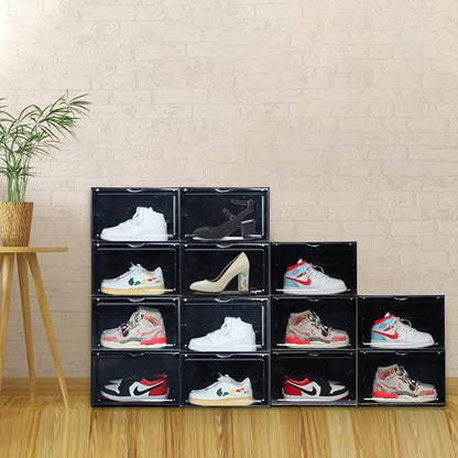 OMOPIN XL clear shoe storage boxes stackable, 8 Pack Large Shoe Boxes Clear Plastic Stackable, Drop side Sneaker Container Fit Size 13 (Black 8 Pack)