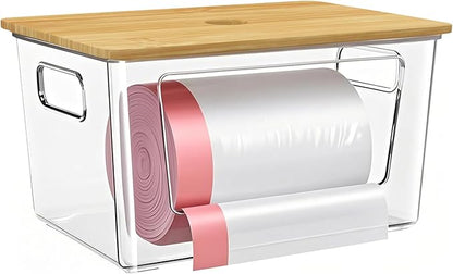 Trash Bags Holder,Stackable Trash Bag Dispenser with Bamboo Lid –Extra Large Garbage Bag Holder for Kitchen, Laundry Room,Under-Sink Storage Organization（1 pack）