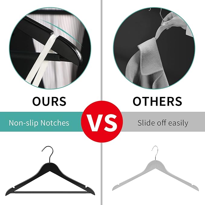 Perfecasa Grade A Real Wood Hangers 20 Pack, Suit, Coat, Solid Wood Construction, Smooth Finishes, Non-Slip Pants Bars, Soft Coated Hooks, 360° Swivel Hooks, Premium Quality Wooden Hangers (Black)