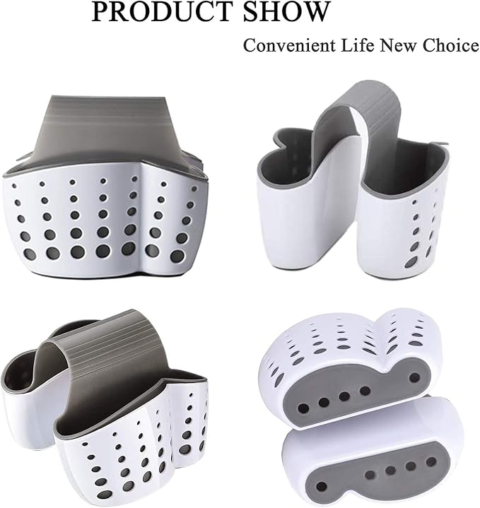 Sink Caddy Sponge Holder for Faucet - Flexible Silicone Plastic Saddle Organizer with Drain Holes, Double White