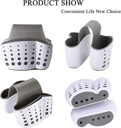 Sink Caddy Sponge Holder for Faucet - Flexible Silicone Plastic Saddle Organizer with Drain Holes, Double White