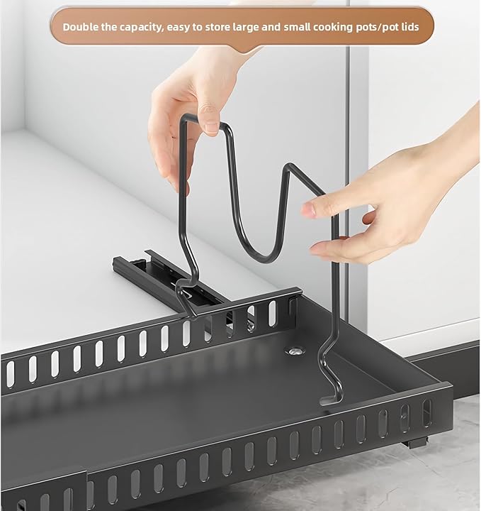 Mnftive pots and pans organizer under cabinet,pot lid organizers inside cabinet holders for kitchen,Horizontal and vertical pulling modes,cast iron storage (Black Vertical pull-out)