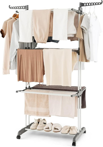 Tangkula 4-Tier Foldable Clothes Drying Rack, Oversized Drying Rack w/Lockable Wheels & Rust-Proof Metal Frame, Indoor Outdoor Large Drying Hanger w/Adjustable Gullwings, Movable Laundry Hanger