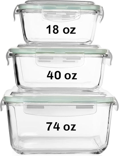 Razab 6 PC Square Glass Food Storage Containers with Airtight lids (74, 40 & 18 oz) Kitchen Glass Meal Prep Containers Set for Freezer Reusable Leftover Lunch Boxes, Oven, Microwave, Dishwasher Safe