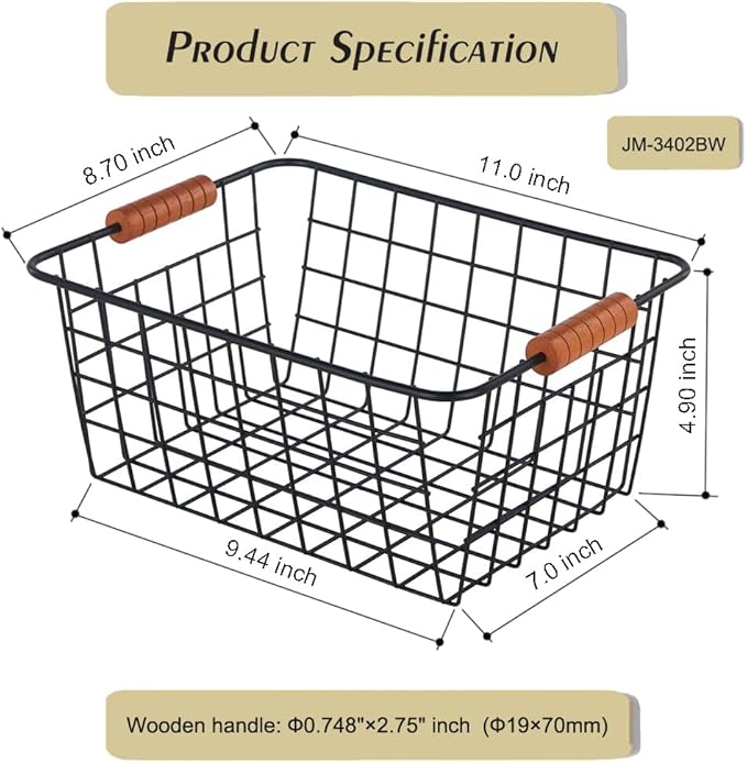 Wire Kitchen Storage Basket 2 Packs,Perfect Pantry Organization Accessories Baskets,Laundry Basket,With a Wooden handle,Suitable for Kitchen,Bathroom,Bedroom,Tabletop,Stackable,Black
