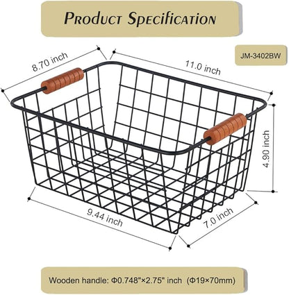 Wire Kitchen Storage Basket 2 Packs,Perfect Pantry Organization Accessories Baskets,Laundry Basket,With a Wooden handle,Suitable for Kitchen,Bathroom,Bedroom,Tabletop,Stackable,Black
