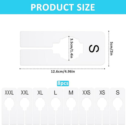 8 Pcs White Rectangular Size Separators Closet Dividers for Hanging Plastic Clothing Rack Dividers with Printed Sizes Clothing Rack Size Divider Reusable Closets Separators Label Preprinted in 8 Sizes