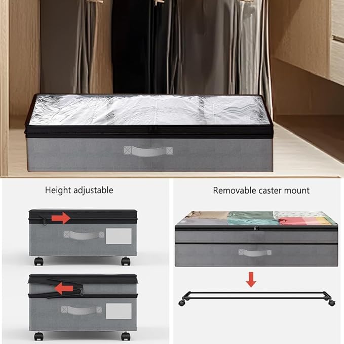 SHAJOPH Under Bed Storage with Wheels Height Adjustable 2 Pack Under Bed Storage Containers with Clear Lid & Handles Rolling Under Bed Drawers for Clothes Shoes Toys Blankets Grey
