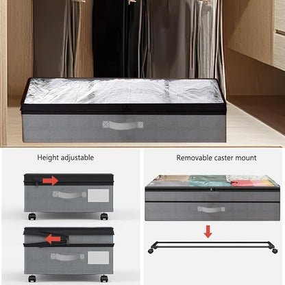 SHAJOPH Under Bed Storage with Wheels Height Adjustable 2 Pack Under Bed Storage Containers with Clear Lid & Handles Rolling Under Bed Drawers for Clothes Shoes Toys Blankets Grey