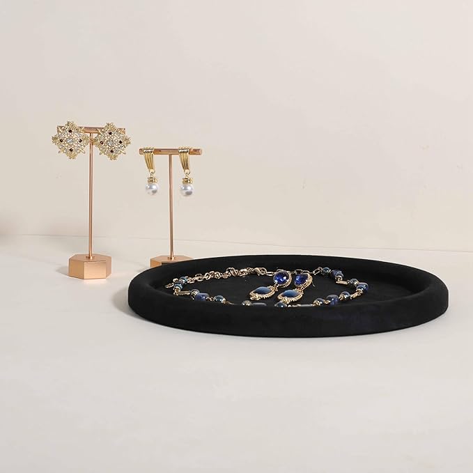GemeShou Round Jewelry Organizer Plate, Top Microfiber Velvet Jewelry Display Tray, Empty Jewelry Showcase Tray for Necklaces, Bracelets, Rings, Earrings (Black-Large, 9.8 x 9.8 in)