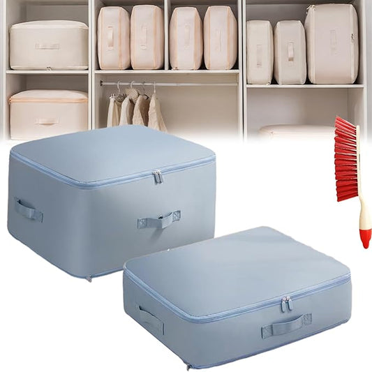 Ultra Space Saving Self Compression Organizer, 3-Layer Washable Comforter Storage Bag, Compression Bags for Storage for Storing and Organizing Winter Blanket, Duvets (Large+Medium Blue)