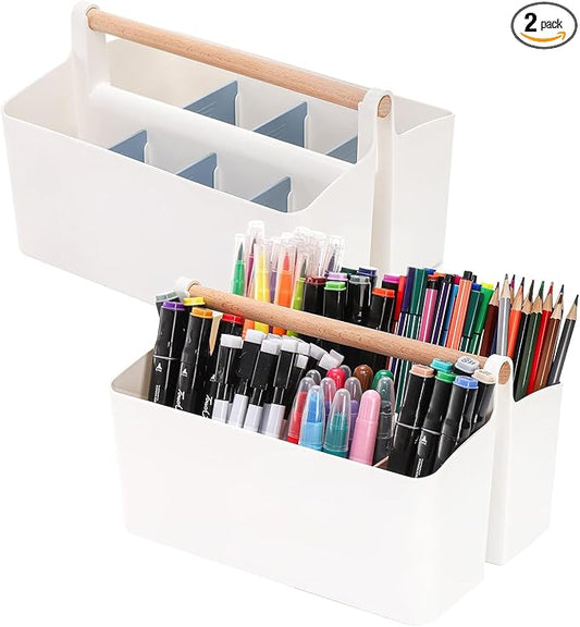 Frcctre 2 Pack Plastic Portable Organizer Caddy Tote with Handle, Stackable 8 Slots Storage Organizer Bin with Adjustable Dividers for Home Bathroom Classroom Art Crafts Storage Supplies