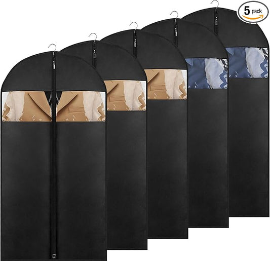 43" Suit Bags for Closet Storage and Travel, Garment Bags for Hanging Clothes, Suit Garment Bag for Men, Black Suit Cover Bags with Clear Window for Coats, Jackets, Shirts（5 Packs）