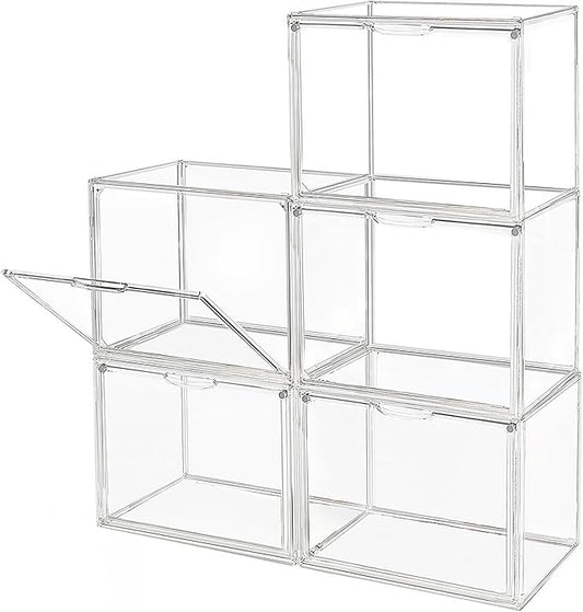 GUDEMAY Clear Stackable Plastic Storage Bins with Magnetic Lid, Dustproof Book & Cosmetic Display Cases, Large Figures Collectibles Showcase, Shoe Box, Protection Organizer (L, Count, 5)