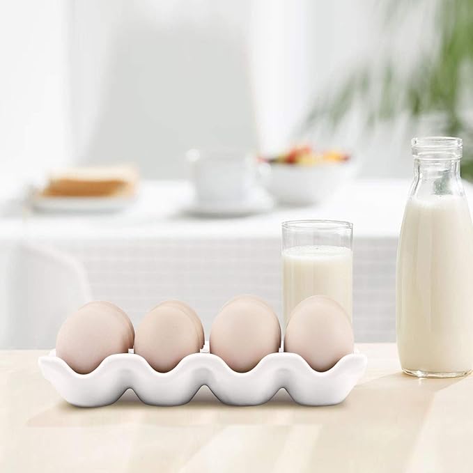 Flexzion 12 Eggs Ceramic Egg Holder, 12 Porcelain Egg Tray Storage Box, Non-Slip Egg Plate, Egg Holder, Egg Carrier Egg Box for Home, Kitchen, Fridge, Restaurant, White