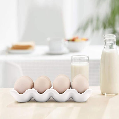 Flexzion 12 Eggs Ceramic Egg Holder, 12 Porcelain Egg Tray Storage Box, Non-Slip Egg Plate, Egg Holder, Egg Carrier Egg Box for Home, Kitchen, Fridge, Restaurant, White