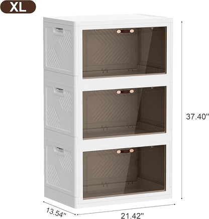 JOYMOOP Folding Storage Bins Organizer, 148.8 Quart Collapsible Storage Boxes with Wheels and Door, Stackble Plastic Storage Container for Clothing, Books and Sundries (XL, 12.4 Gal Per, 3 Tiers)