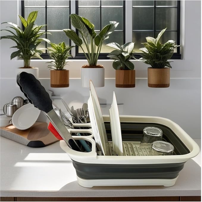 SAMMART Collapsible Dish Drainer with Drainer Board - Foldable Drying Rack Set - Portable Dinnerware Organizer - Space Saving Kitchen Storage Tray (2, Grey/Washed Black)