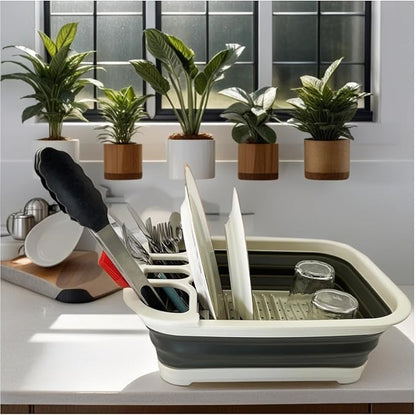 SAMMART Collapsible Dish Drainer with Drainer Board - Foldable Drying Rack Set - Portable Dinnerware Organizer - Space Saving Kitchen Storage Tray (2, Grey/Washed Black)