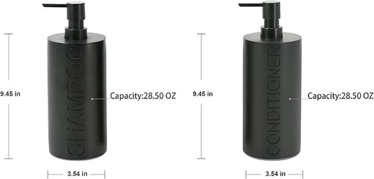 2-Pack Matte Black Resin Refillable Shampoo & Conditioner Bottles – Modern Bathroom Pump Dispenser Set, Durable Resin Shower Containers with Embossed Labels, Reusable Pump Bottle