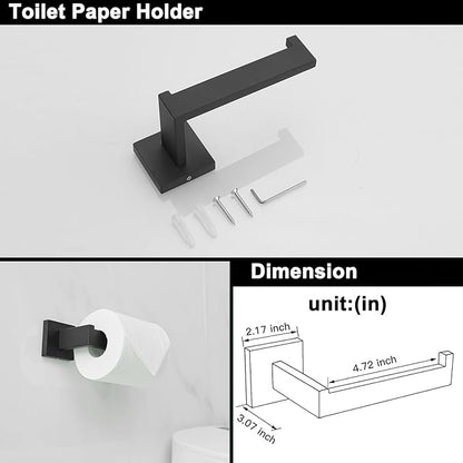 BWE 5 Pieces Matte Black Bathroom Hardware Set SUS304 Stainless Steel Include 21.9" Towel Bar,Hand Towel Holder,Toilet Paper Holder and 2 Robe Hook Square Bathroom Accessories Set Wall Mounted