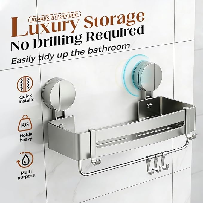 XieJY Bathroom Triangle Shelf, 2026 Upgraded Bathroom Storage Rack Corner Shower Shelves No Drilling Suction Cup Shower Organizer with Towel Bar and Hooks Removable (2, Triangular)