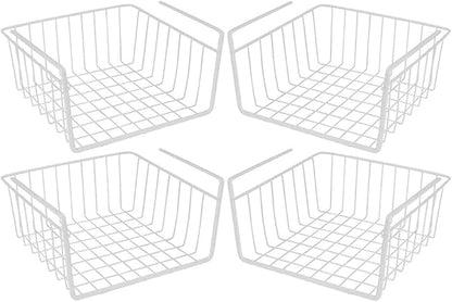 Modern Home Under Shelf Wire Storage Baskets – Hanging Organizer Rack for Cabinet, Pantry, or Closet – White Metal Basket for Kitchen, Towels, or Office – No Tools Required (Set of 4 10.25")