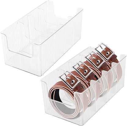 Acrylic Belt Organizer, 2 Pack Clear Stackable Belt Holder for Closet Drawer Storage 4 Compartments with Removable Dividers, Multi-Purpose Display Bins with Inserts for Ties,Socks