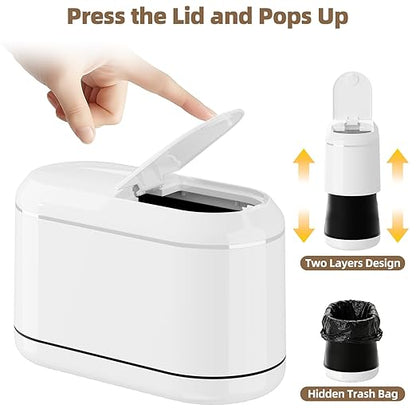 Mini Trash Can for Desk with 5 Rolls of Trash Bags, Small Press-Top Countertop Garbage Bin, Removable Waste Basket for Bedroom, Vanity, Coffee Table, Kitchen (White Half-Lid)