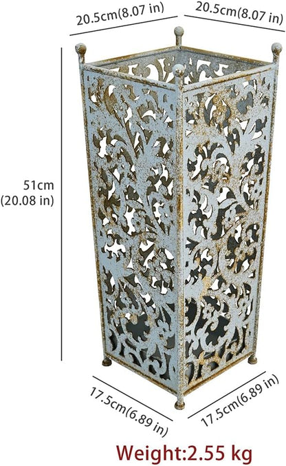 Vintage Blue Umbrella Holder for Entryway,Distressed Blue Iron Umbrella Stand with Hollow Out Vine Pattern,Removable Drip Tray,20.08"H×8.07"W×6.89"D Umbrella Organizer for Doorway Patio.