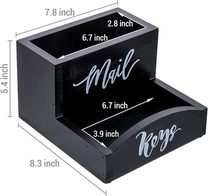 MyGift Urban Modern Mail Holder and Key Organizer Tray in Black Stained Solid Wood Finish, Entryway Storage Catchall with Cursive Mail and Keys Word Design, Office Desktop Organizing Bin