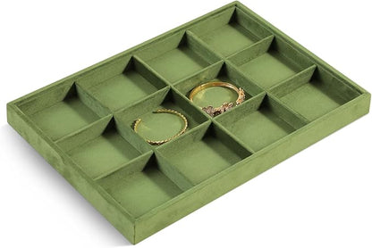 Velvet Stackable Jewelry Display Tray, 12 Grid Watch Bangle Bracelet Storage Tray, Makeup Drawer Insert Jewelry Shop Organizer Plate (Olive Green)