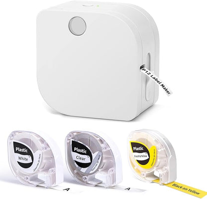 Phomemo Label Maker Machine with Tape, P12 Small Bluetooth Label Makers with with 3 Tapes Ribbon Printer Machine for Home, Name Tag, School, White
