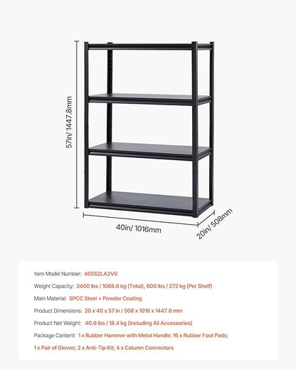VEVOR Storage Shelves, 2400 lbs, 4 Tier Garage Storage Shelving, 20" D x 40" W x 57" H Adjustable Metal Shelves for Garage Shelves Utility Rack Shelf, Ideal for Kitchen, Warehouse, Basement, Black