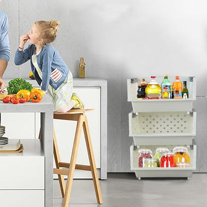 Fiaze 3-Pack White Plastic Kitchen Stackable Storage Baskets, Stackable Storage Bins Open Front for Pantry