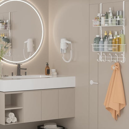 Aimeaihe Over The Door Hooks, Door Hanger Towel Rack with 10 Coat Hooks & 2 Mesh Basket, Over Door Storage Organizer for Bathroom, Bedroom, Kitchen, Office, Easy Installation, White