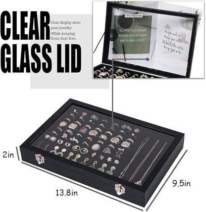 Ring Holder Organizer Box, Jewelry Display Case, Earring Necklace Storage Tray With Top Glass Lid (Black, 100 Slots)